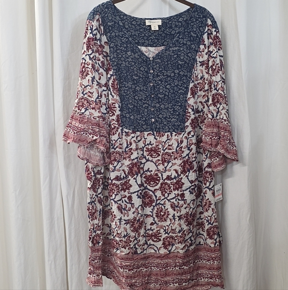 0x 2x 3x Style Co Crinkle Floral Navy Red Gauze Boho Midi Kaftan Shirt Dress